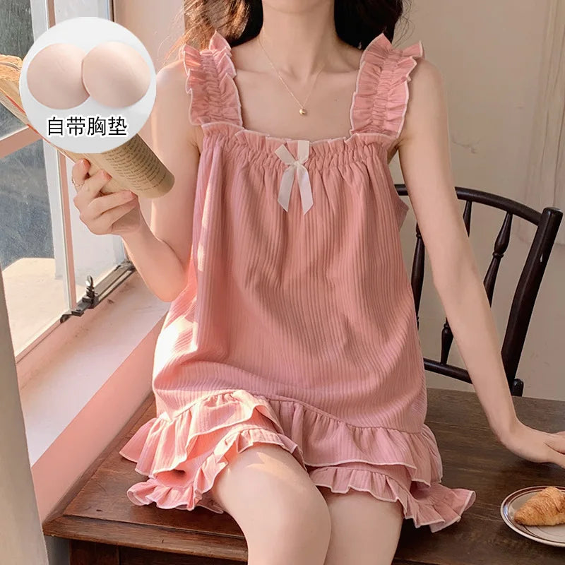 Two-piece Summer Solid Color Suspender Suit Pajamas for Women Sweet with Chest Pad Pajamas Vests Home Clothes 여자 잠옷 C