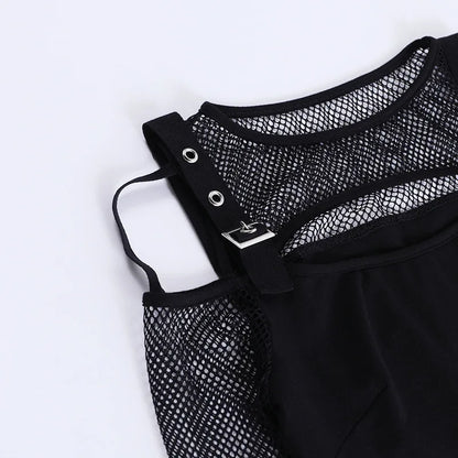 Goth Dark Mall Gothic Fishnet Patchwork T-shirts Grunge Punk Hollow Out Buckle Crop Tops Techwear Fashion Female Alt Streetwear