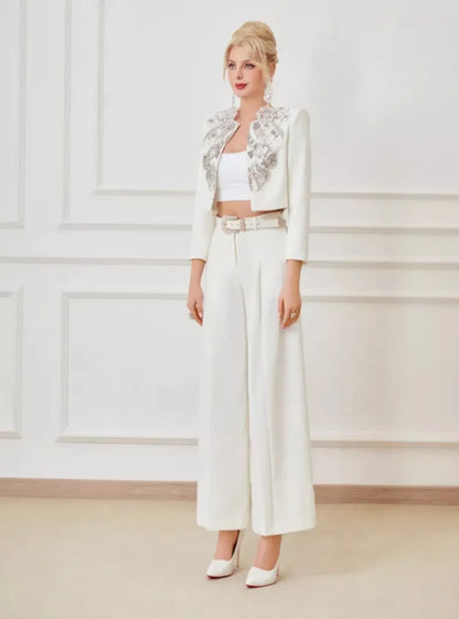 Elegant Office Ladies Designer Handmade Diamonds Slim Fit Short Jacket Hgih Waist Wide Leg Pants Women Two Piece Set Size S-5XL Badiee Stylez