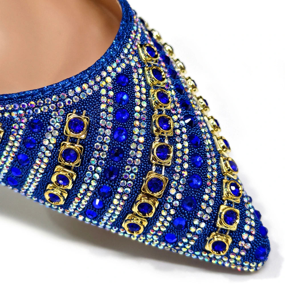 2025 Luxurious Italian Women's Party Shoes & Bag Set – Elegant Golden Rhinestone Spring/Summer Sandals with Pointed High Heels f