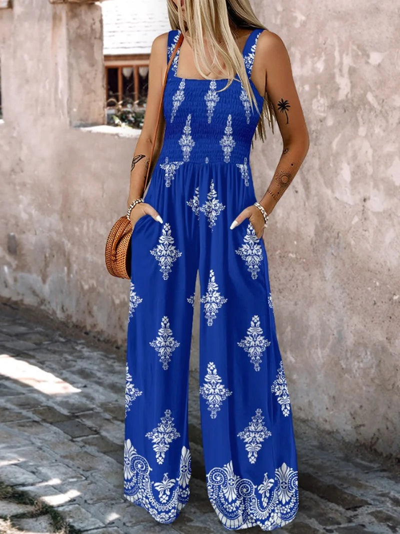 2025 Summer Female Jumpsuits with Pockets Fashion Printing Wide Legs High Waist Women's Rompers Sleeveless Strap Pants Trousers Badiee Stylez