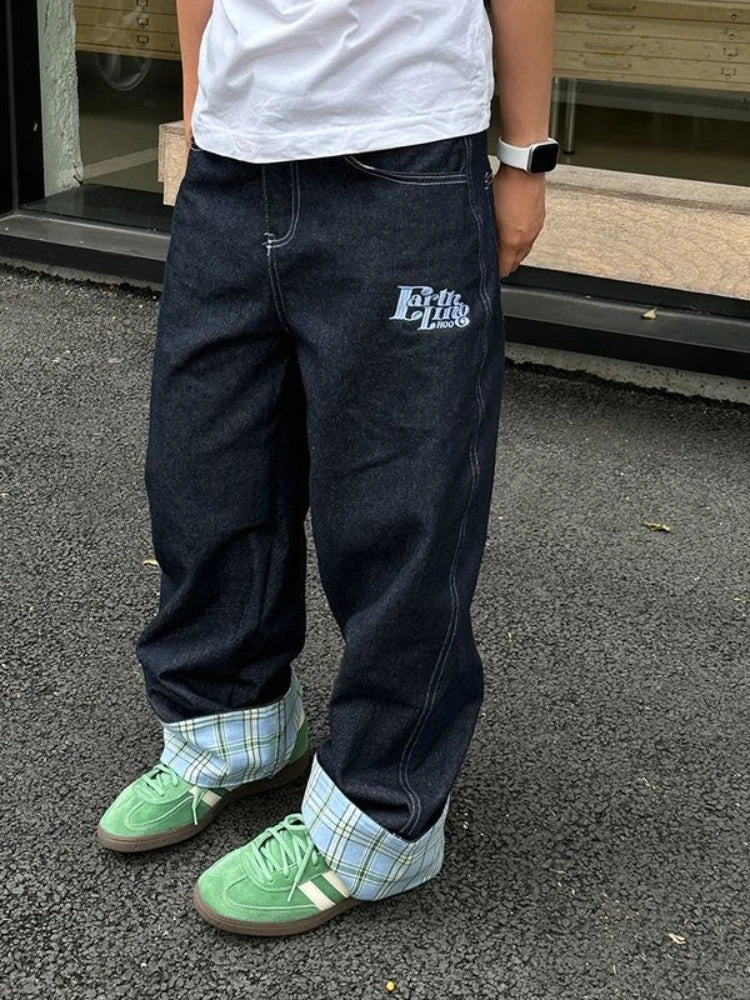 American retro plaid patchwork rolled edge women jeans high street Harajuku loose wide leg straight leg men and women pants 1