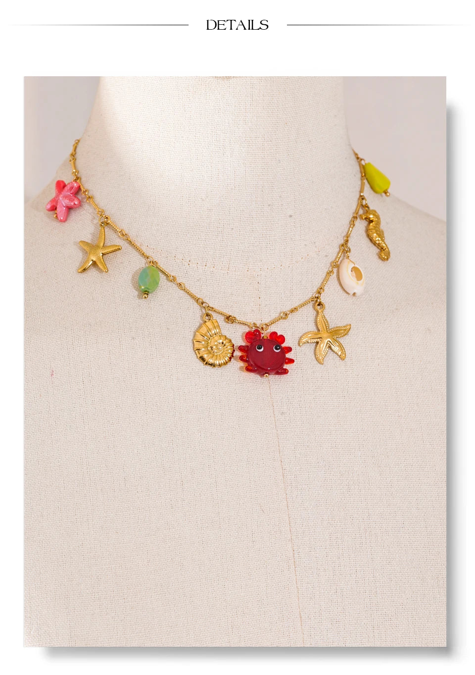 Yhpup Ocean Style Summer Fashion Jewelry Crab Starfish Shell Pendant Necklace Stainless Steel Golden Charm Pendant Accessories