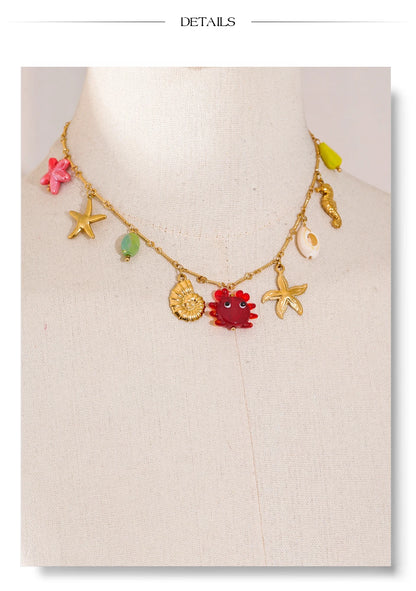 Yhpup Ocean Style Summer Fashion Jewelry Crab Starfish Shell Pendant Necklace Stainless Steel Golden Charm Pendant Accessories