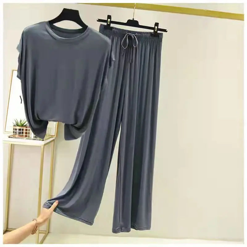 Modal Loose Homewear set O-neck Tshirts short sleeves and Wide leg pants Casual streetwear suit all match dark gray