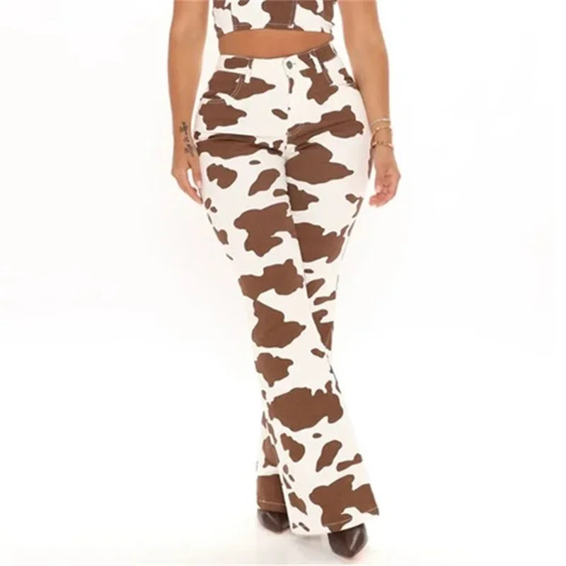 Cow Print High Waist Straight Jeans Women New Comfortable Casual Denim Pants Female Four Seasons Trousers 2024 Trend Streetwear Brown