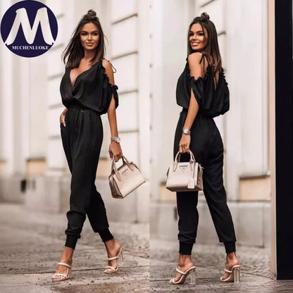 Jumpsuit Woman Summer New Elegant V Neck Pocket Elastic Waist Jumpsuits Fashionable Casual Loose Women's Clothing Jumpsuits