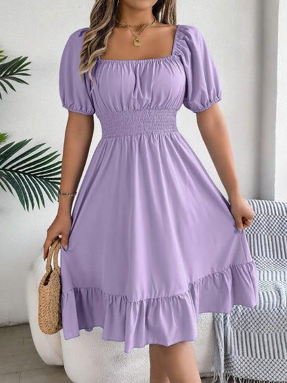 Spring and Summer Elegant High Waisted Dress Square Neck Short Sleeved Ruffled Edge Long Dresses for Women Badiee Stylez