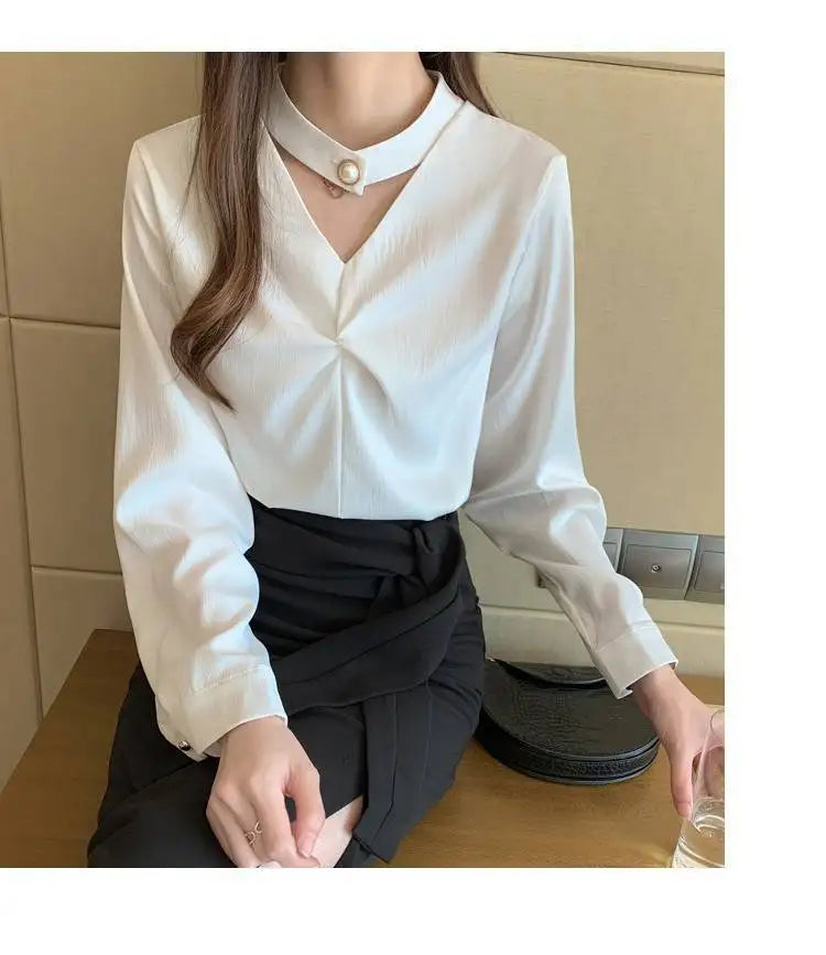Satin Beading Halter V-Neck Woman Blouses 2022 Spring New Elegant Fashion Office Lady Long Sleeve Loose Commuter Shirts Female