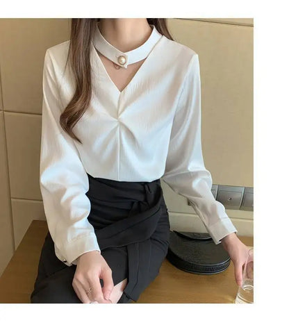 Satin Beading Halter V-Neck Woman Blouses 2022 Spring New Elegant Fashion Office Lady Long Sleeve Loose Commuter Shirts Female