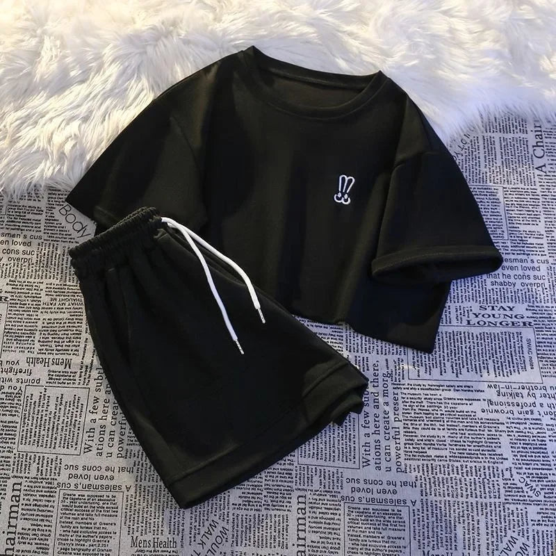 Summer Casual Fashion Embroidered Short Sleeve Shorts Set Women Loose Two Piece Comfortable Sports Set White Outwear Badiee Stylez