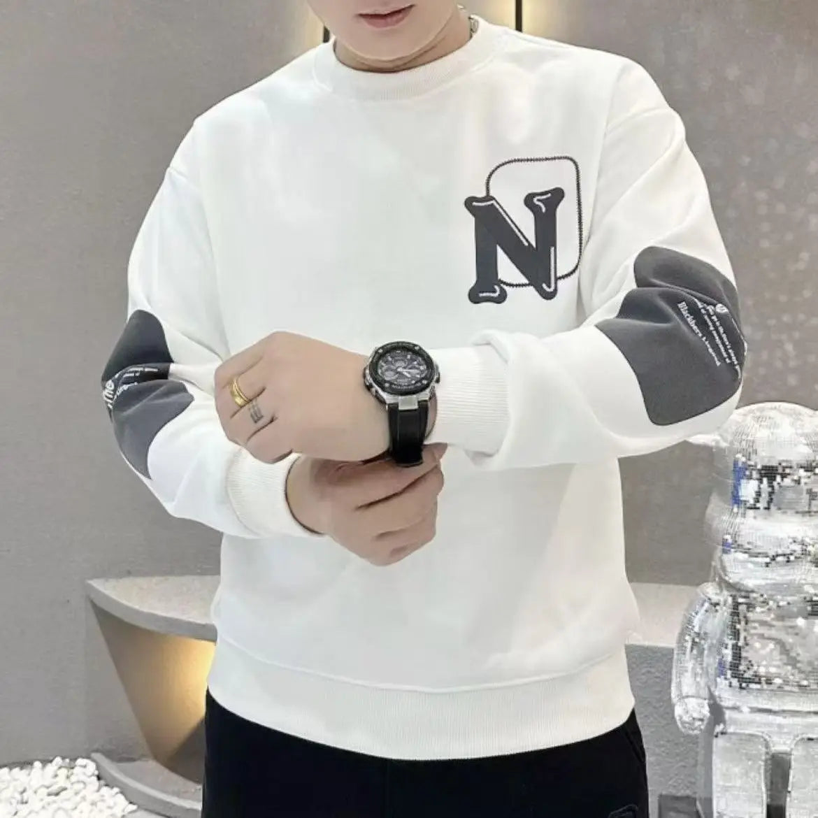 Trend Contrast Patchwork Print Letter Hoodies Sweatshirts Spring Autumn Long Sleeve Loose Casual Tops Fashion Lazy Men Clothing