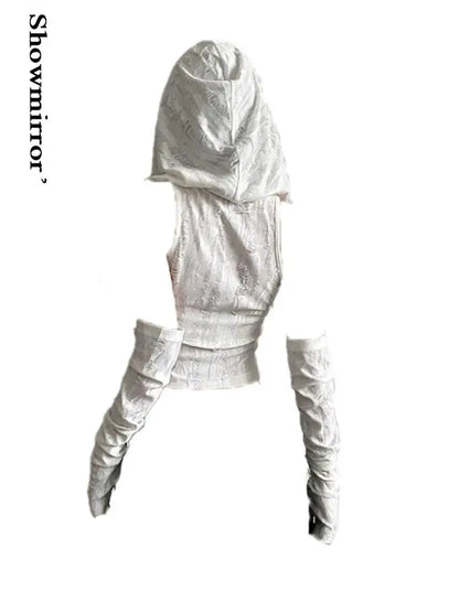 Sexy gothic teachwear Crop Top hooded Women Aesthetic T-shirts Y2K Retro Hooded Tops Streetwear Punk Tee Shirt Hottie clothes white