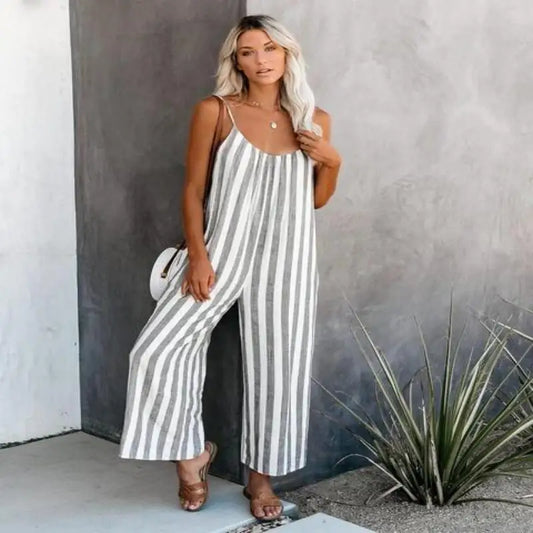 Summer Women Elegant Backless Sexy Striped Romper with Wide Legs Badiee Stylez