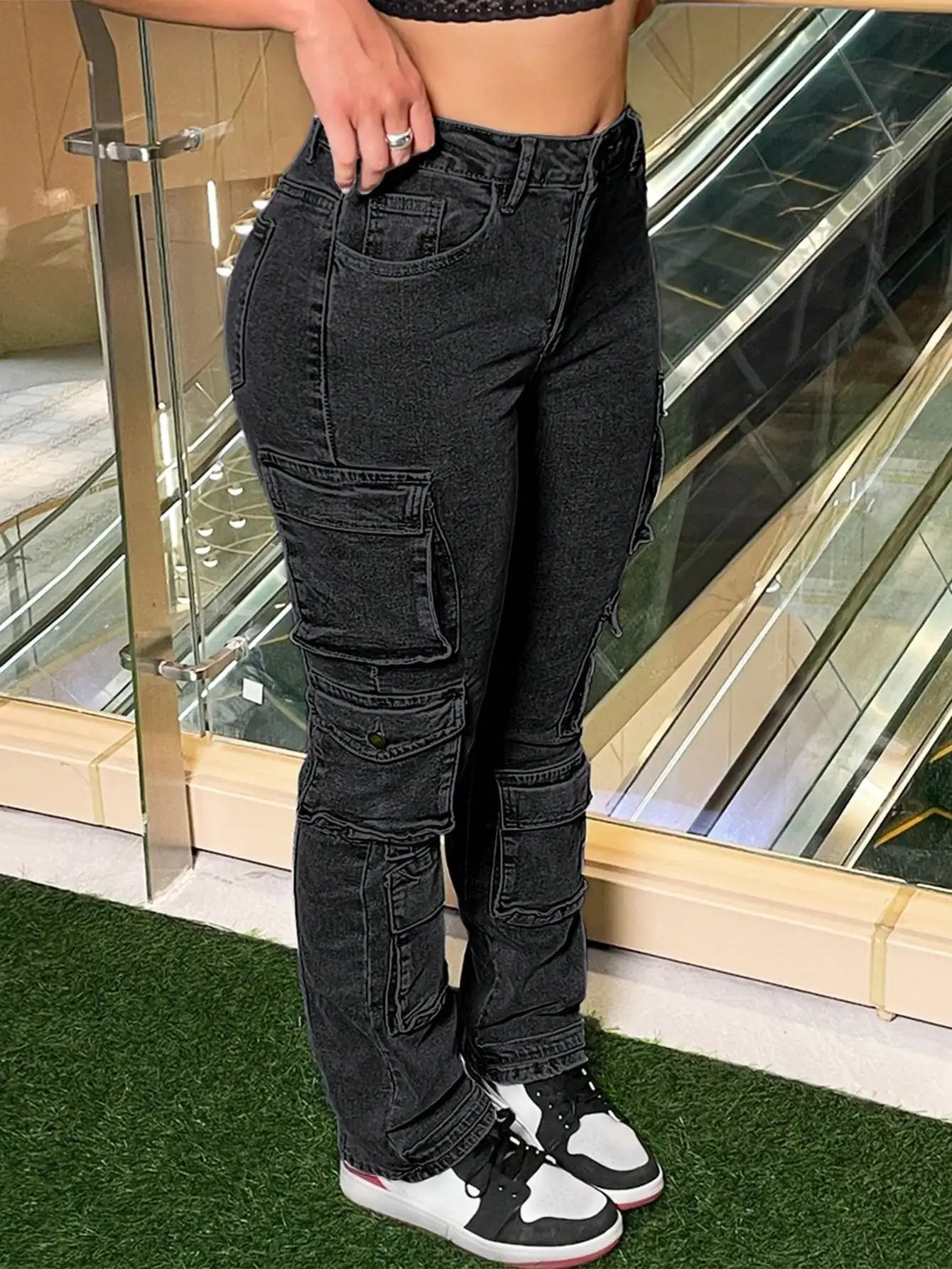 Women Y2K Street Cargo Style Slim-Fit Jeans Stretchy Button Zipper Side Pockets Casual Fashion Comfortable Denim Pants-Black
