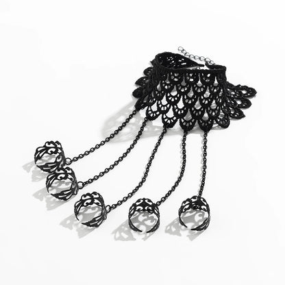 Creative Vintage Black Lace Finger Wrist Chain Rings Bracelets for Women Metal Connecting Hand Harness Bangles Christmas Jewelry