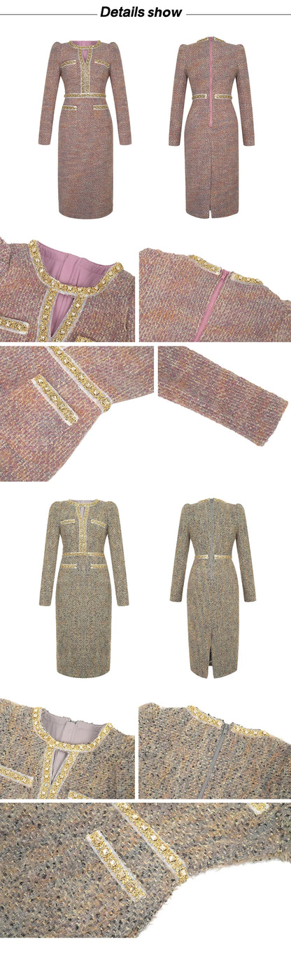 Women Clothes Vintage Tweed Hollow Sexy O-Neck Slim Midi Pencil Dress Elegant Fashion Evening Party Vestidos Formal Occasion New