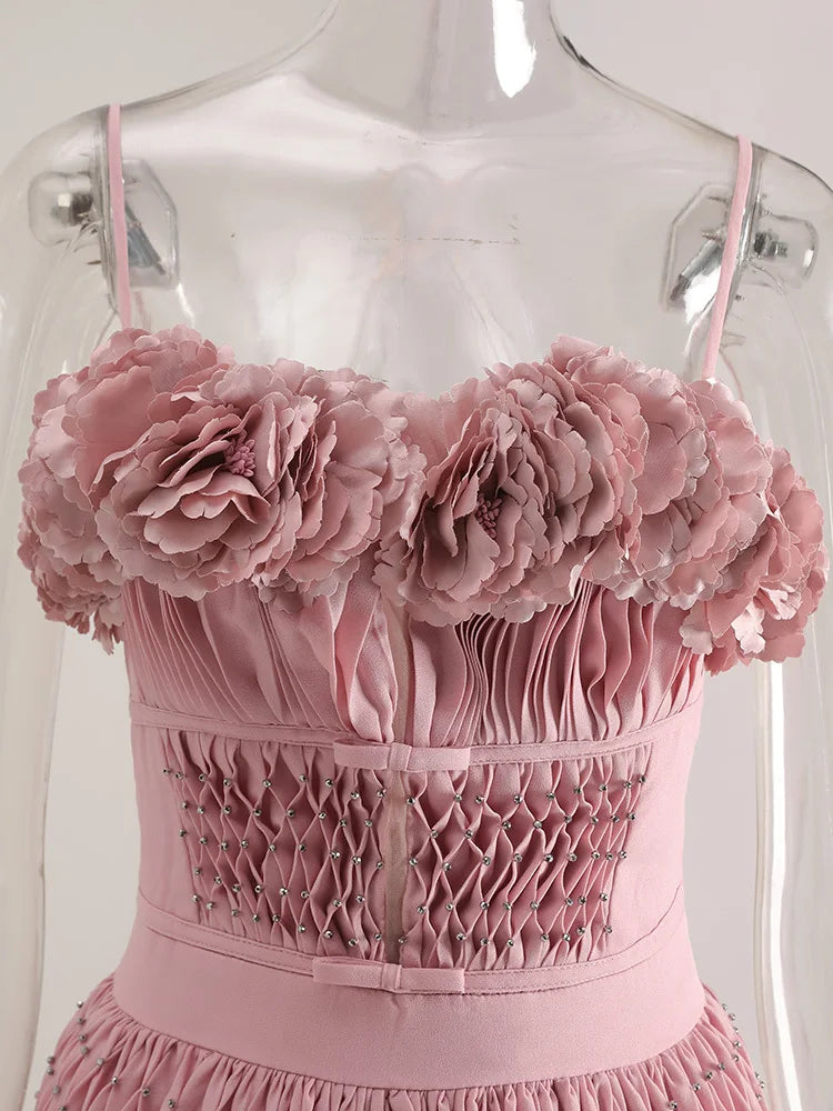 DEAT Elegant Dress Hollow Out Backless Camisole Pleated Flower High Waist Women's Party Dresses 2025 Autumn New Fashion 13DB5083 Badiee Stylez