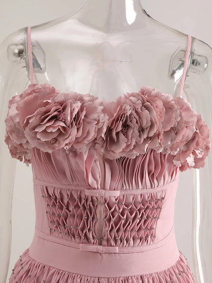 DEAT Elegant Dress Hollow Out Backless Camisole Pleated Flower High Waist Women's Party Dresses 2025 Autumn New Fashion 13DB5083 Badiee Stylez