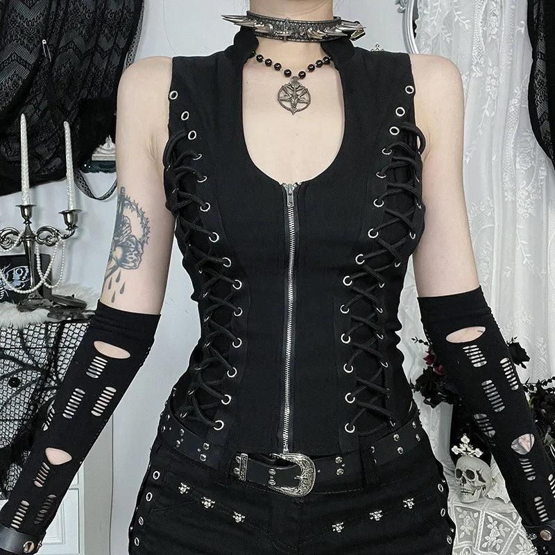 Goth Dark Punk Sleeveless Corn Bandage Tanks Top Women Chic Streetwear Slim Zip Vest Mall Gothic Techwear Summer Fashion T-shirt black