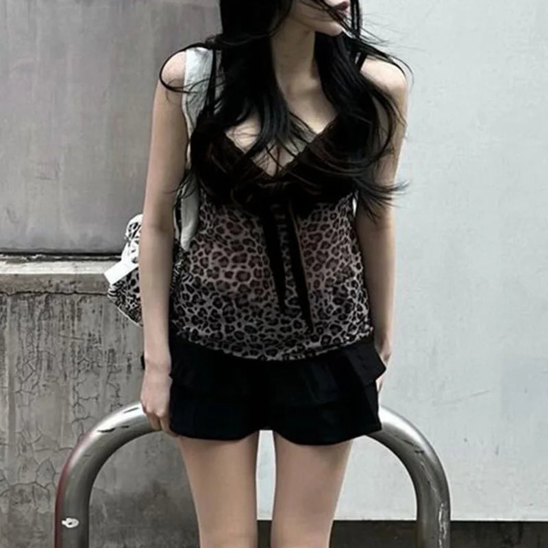 Leopard Mesh Crop Top y2k Bow Velvet Patchwork See Through Mini Vest Grunge Korean Vintage Camisole Lace Frill Tanks