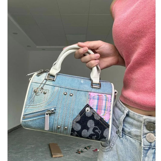 JIAERDI Retro Denim Messenger Bag Purse Women Vintage Patchwork Handle Y2k Bowling Bag Ladies Hot Girls Crossbody Hand Bags New