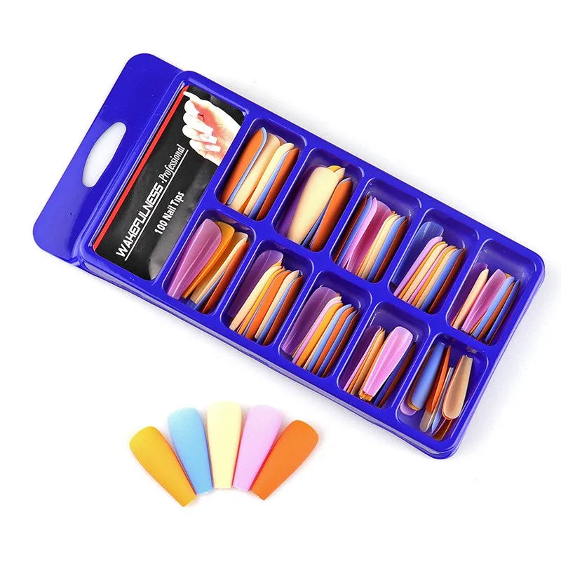 WAKEFULNESS 100Pcs/Set Matte Fake Nail Art Tips Long Ballerina Coffin Nails ABS Full Cover Fasle Nails Tools Manicure 598
