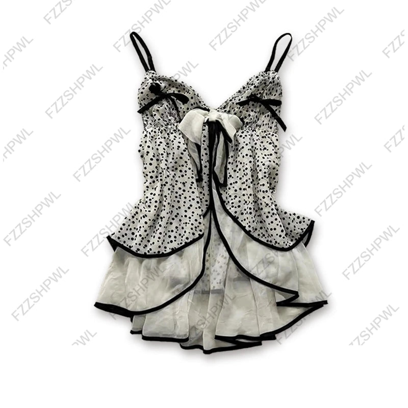 Solid color lace stitching suspenders bow decoration casual Y2K crop top rock retro aesthetics slim fit versatile punk women top WHITE