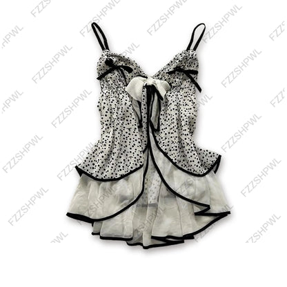 Solid color lace stitching suspenders bow decoration casual Y2K crop top rock retro aesthetics slim fit versatile punk women top WHITE