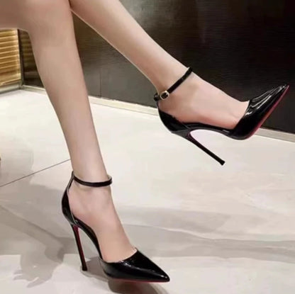 2025 new thin with a line with black high heels shallow mouth pointed patent leather temperament sexy hollow women's shoes