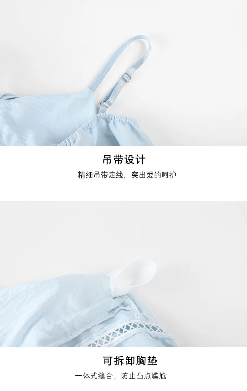 Women's Sexy Pajamas Set V-Neck Strap Suit Elegant Minimalist Faux Cotton Bow Sleeveless Top Long Pants Sleepwear Bra Pads