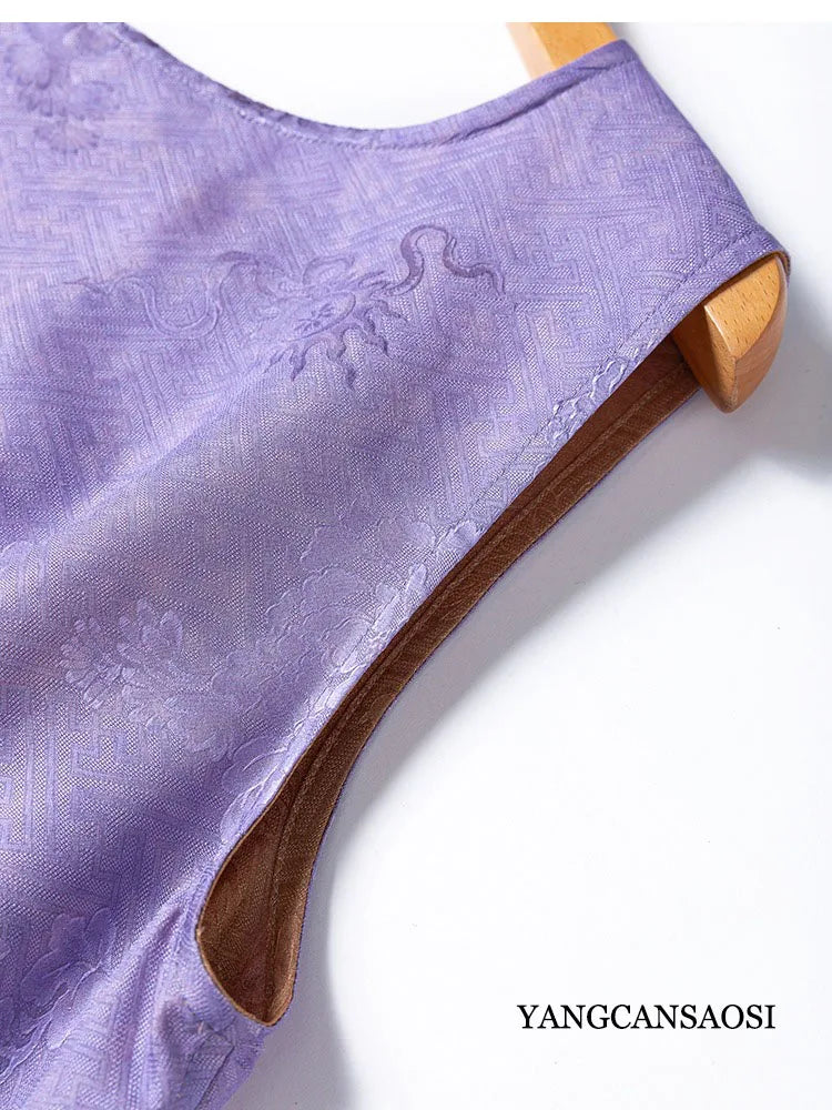 2025 Women's Summer New Luxury 100% Natural Mulberry Silk Jacquard Satin V-neck Split Double Sided Sleeveless Vest Dress Badiee Stylez