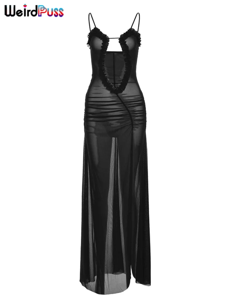 Weird Puss Side Split Women Dress Spaghetti Strap Halter Neck Edible Tree Fungus Hollow Out Sexy Evening Party Ladies Vestido