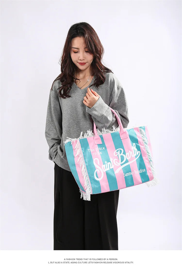 European and American Letters Tassel Canvas Bag Arge Capacity Handbags Travel Women Beach Tote Bag Fashion Casual Shopping Bags