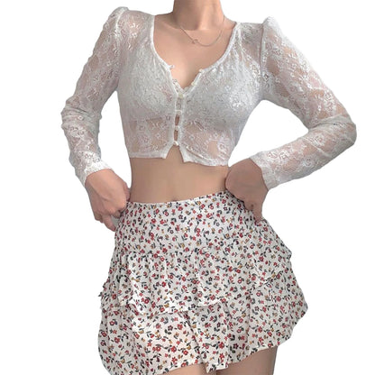 Women Sexy See Through Cardigans Y2K Long Sleeve Lace Mesh Lace Vintage Lace Tie Up Floral Crop Tops Streetwear Cardigans C-White