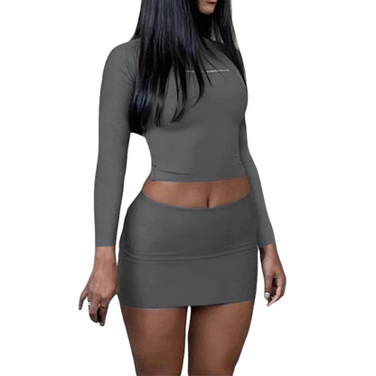 Women Sexy Skirt Set Fashion Solid Crop T-shirt Long Bodycon Skirts Ladies Summer 2 Piece Bodysuit Chic Outfit Grey 2