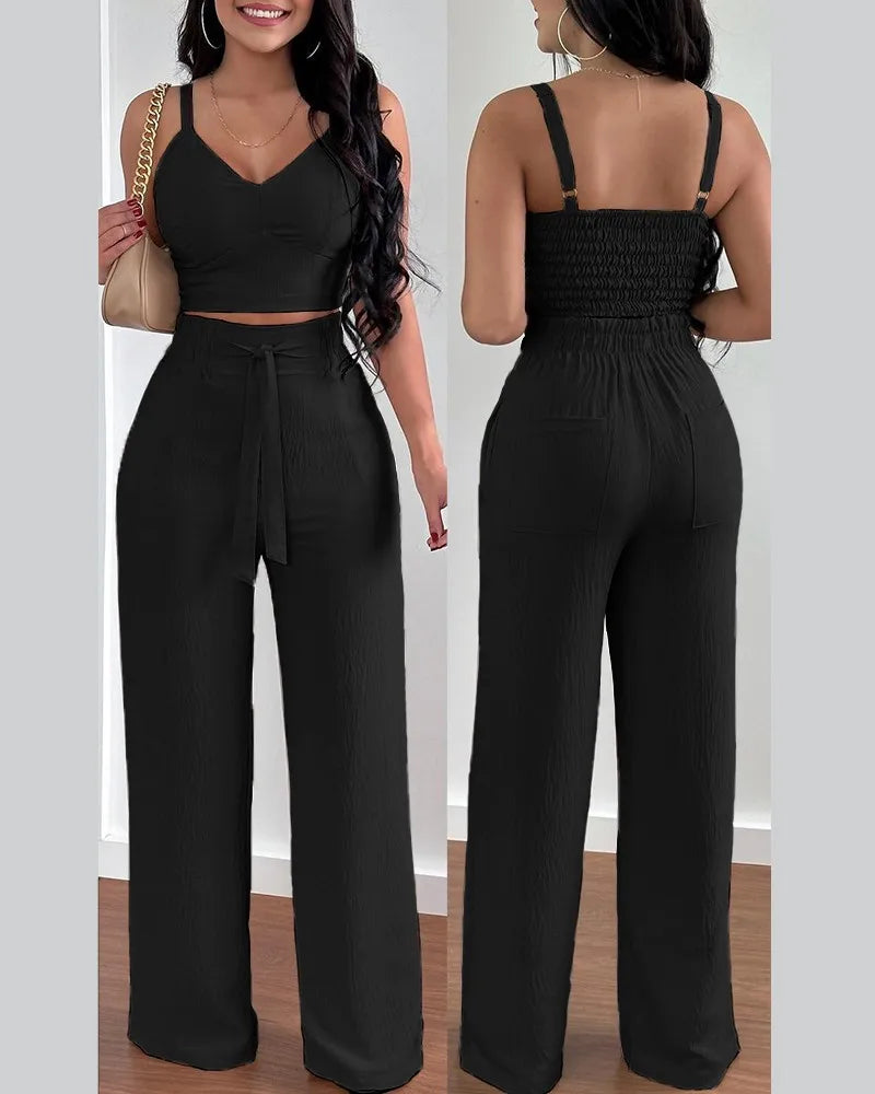 2025 Conjuntos Para Mujeres 2 Piezas Women V-neck Two-piece Set Backless Sleeveless Long Pants Casual 2 Piece Sets Women Outfit black