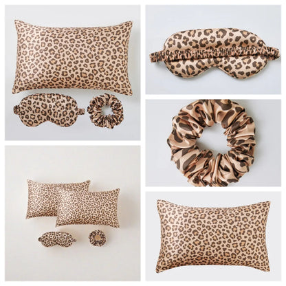 Leopard Print 4PCS Satin Sleep Set – 2 Pillowcases with Eye Mask and Hair Scrunchie for Nighttime Beauty Care and Travel Comfort Badiee Stylez