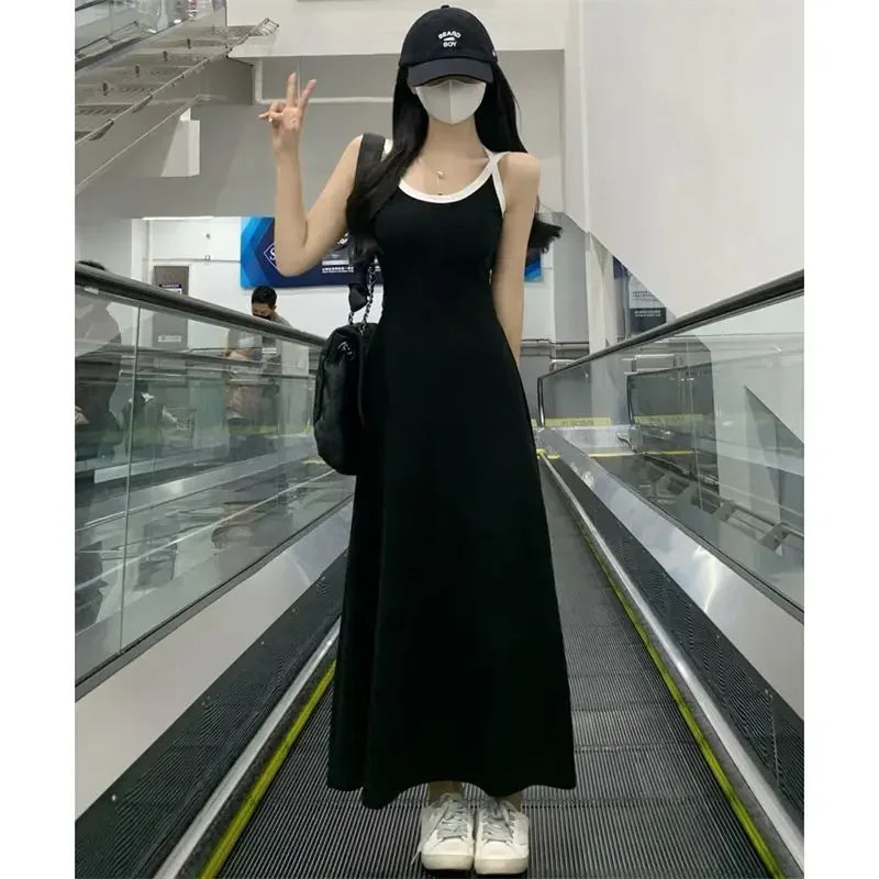 New Fashion Summer Black Loose Slip Dress Off Shoulder Solid Simplicity All-match Sleeveless Dress Temperament Women Clothing