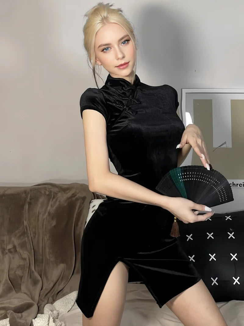 Women Dress Y2K Cheongsam Velvet Elegant Black Sexy Short Sleeve Button Casual Shopping Photo Chinese Dress Tight Fashion Summer Badiee Stylez