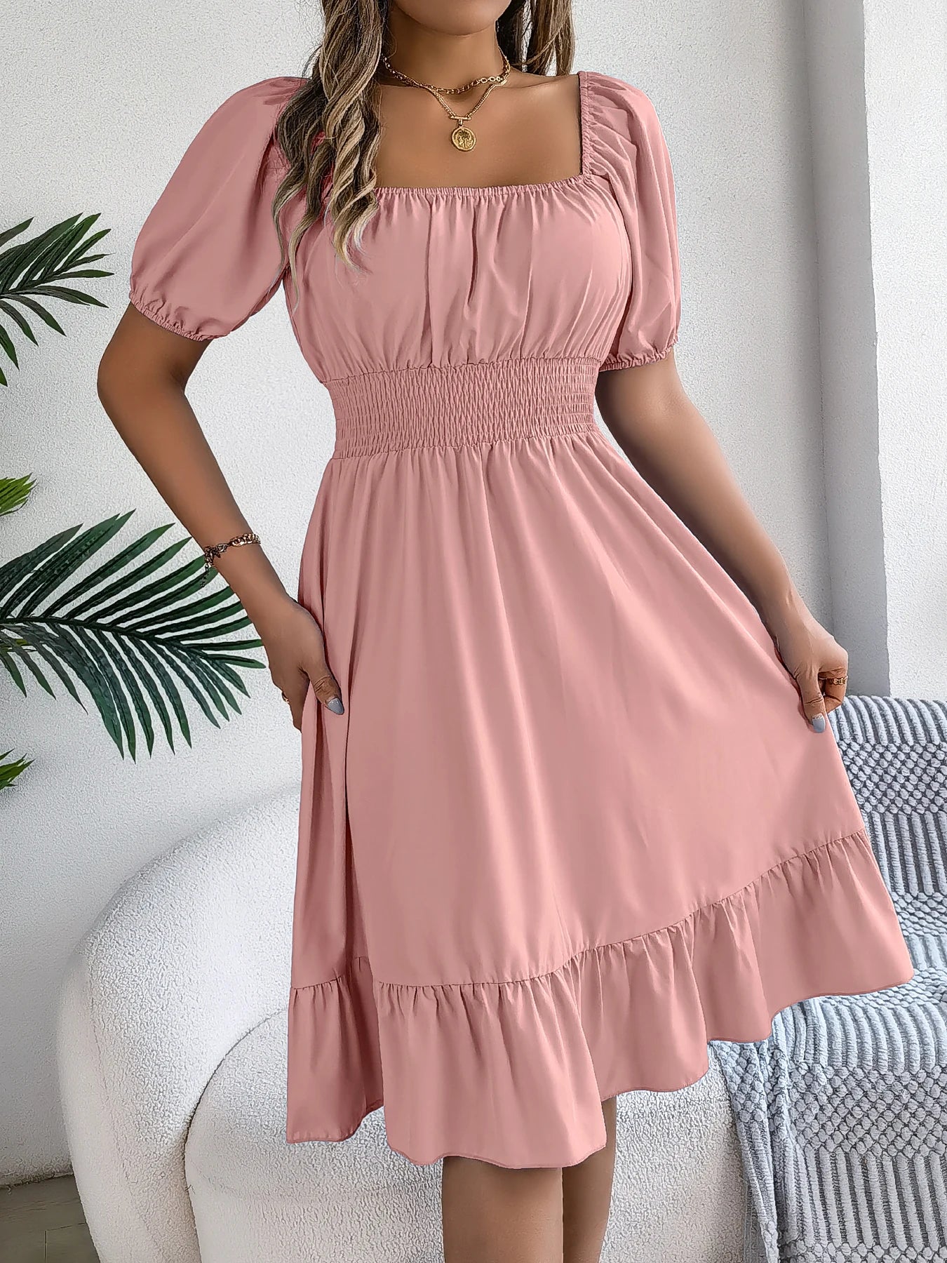 Spring and Summer Elegant High Waisted Dress Square Neck Short Sleeved Ruffled Edge Long Dresses for Women Badiee Stylez