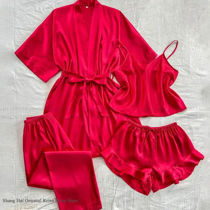 Spring Summer New Women Pajama Four Piece Suit Sleepwear Silky Satin Kimono Bathrobe Trouser Suits Loose Home Clothes Loungewear