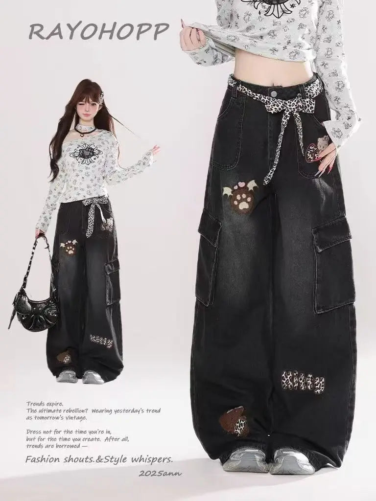 Y2K fashion retro cartoon embroidered women wide-leg jeans casual Harajuku loose pants street personality high-waisted jeans