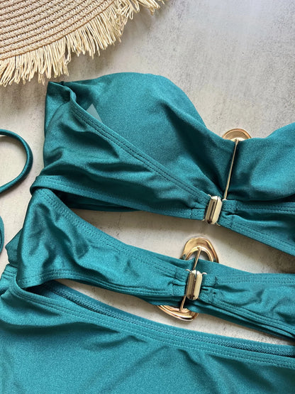 3 Colors Sexy Metal Rings Cut Out Women Swimwear One Piece Swimsuit Female Bandeau High Leg Cut Bather Bathing Suit Swim B022D