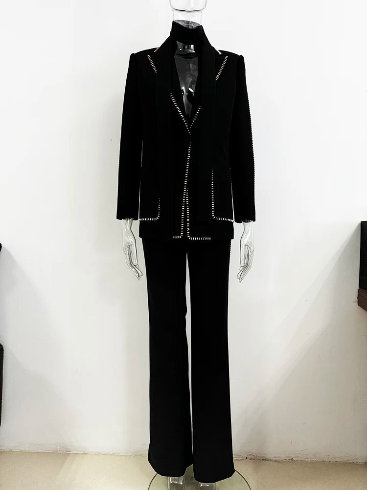 HIGH STREET Newest Fashion 2024 Designer Suit Set Women's Beading Belted Single Button Blazer Pants Set 2pcs Badiee Stylez