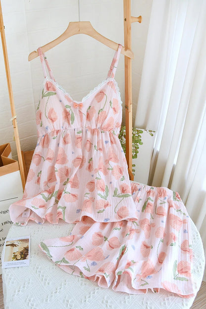 2025 New Summer Women's Pajama Set 100% Cotton Suspenders+Shorts with Chest Pads Two Piece Set of Ladies Flower Home Furnishings