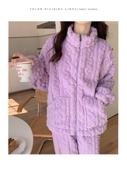 Large Size Flannel Pajamas Set Autumn Winter Female Sleepwear Trouser Suit Thicken Coral Fleece High Collar Lounge Wear Homewear
