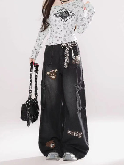 Y2K fashion retro cartoon embroidered women wide-leg jeans casual Harajuku loose pants street personality high-waisted jeans