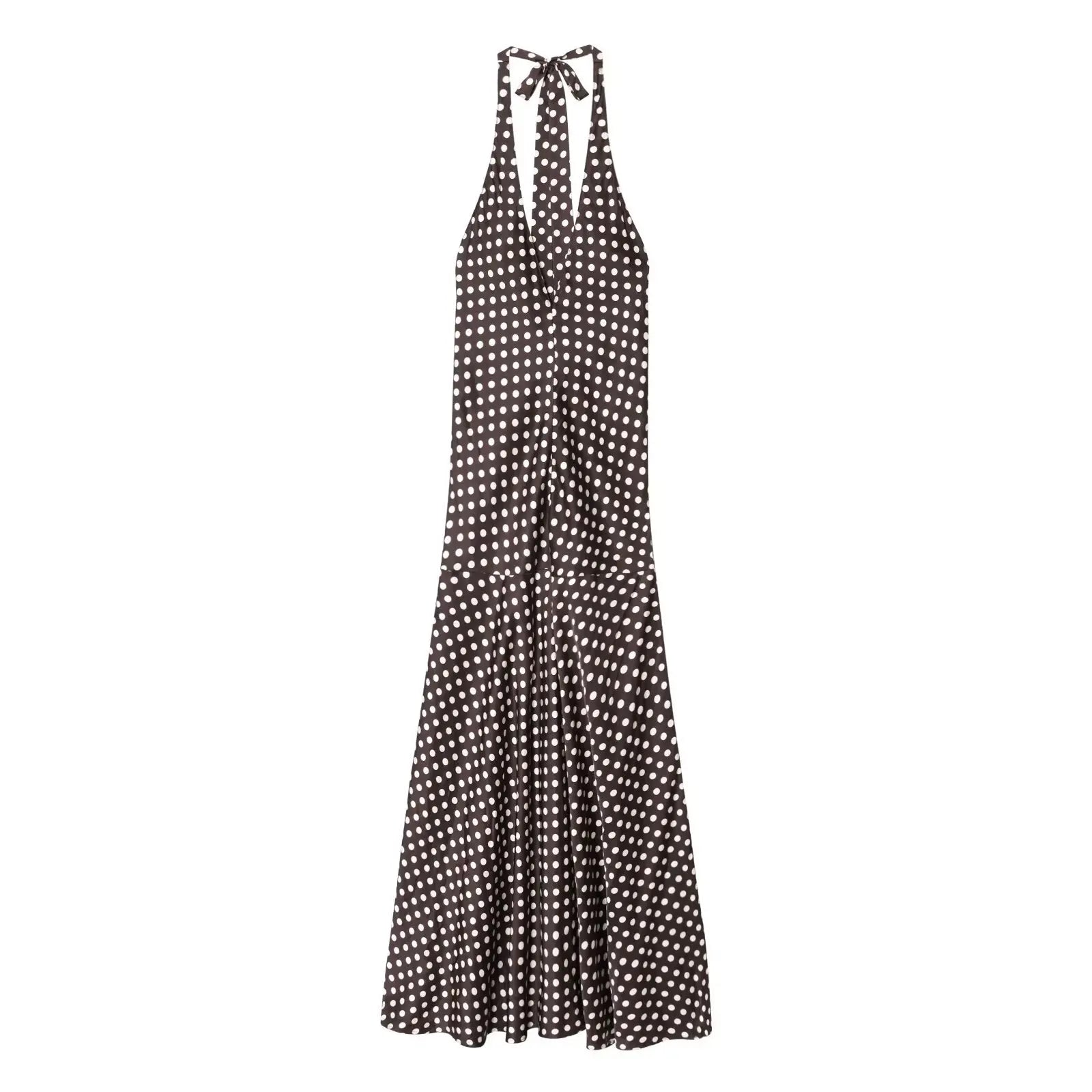 Trendix Polka Dot Print Backless Dress Women Summer Sexy Deep V Neck Sleeveless Off Shoulder Maxi Dresses Elegant Evneing Dress Black