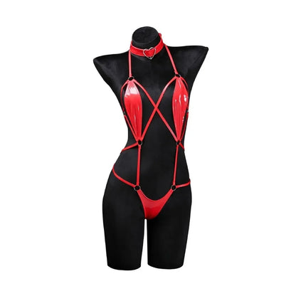 Anime Cosplay Girls Halter Leather Swimsuit Cross Straps Bandage Jumpsuit Bodysuit Lingerie Costumes Hollow Out Pajamas
